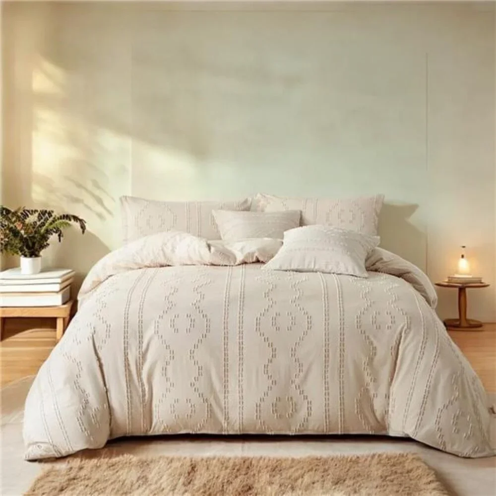 NEW Anthro Tassel Beige Boho Queen / King Fringe Bedding Duvet & Pillow Sham Set